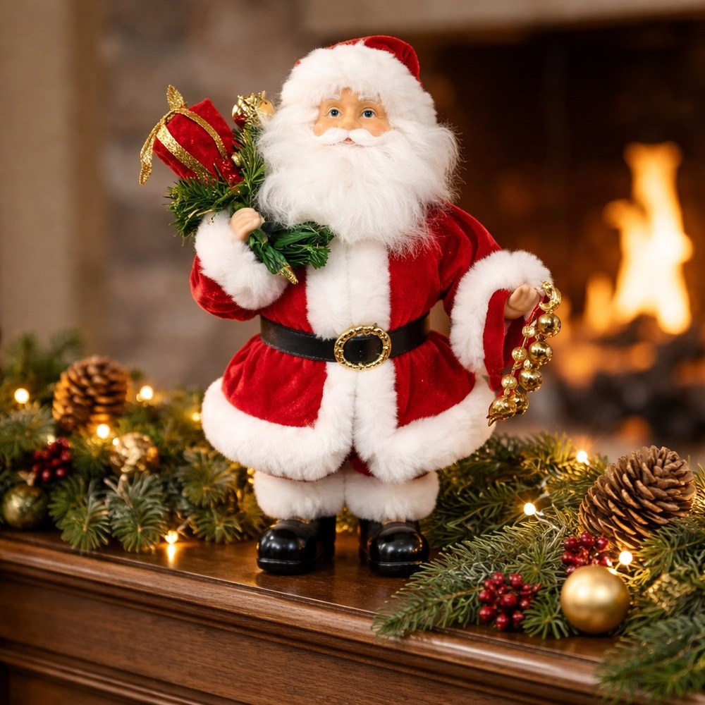 Vintage Porcelain Face and Hands Santa With Toy Bag Holding Bells Fluffy Beard